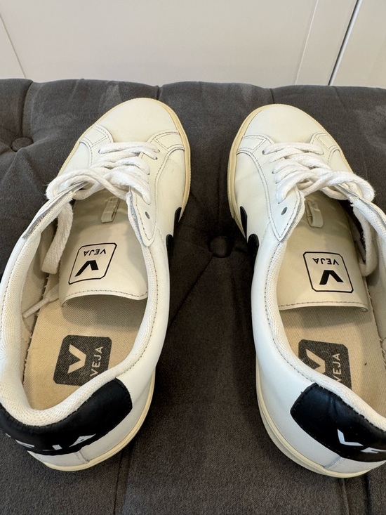 Veja White Leather Sneakers with Black/Navy V Logo - Picture 7 of 10